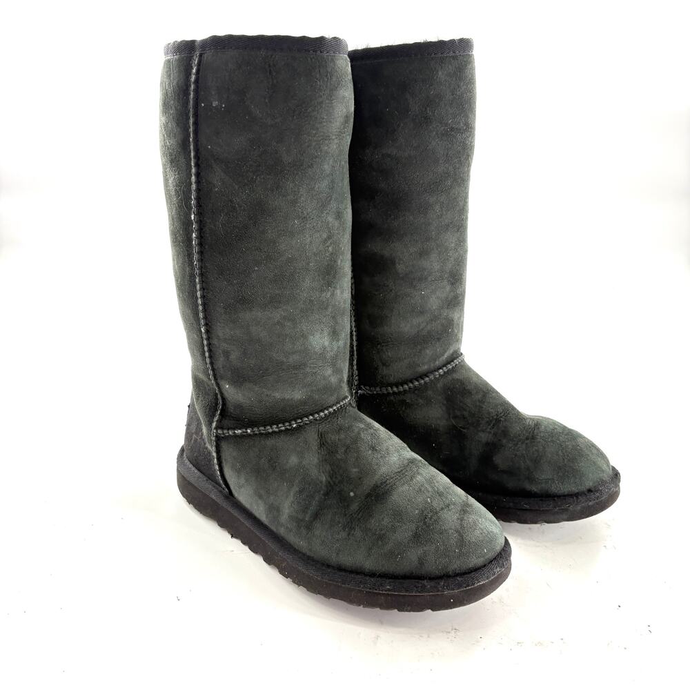 UGG Classic Tall Womens Boots 7 Black Suede Shearling Snow Winter Cozy
